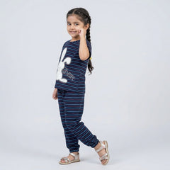 Girls Striped Co-Ord Set – Cute Bunny Print Cotton Top & Jogger Pants for Kids