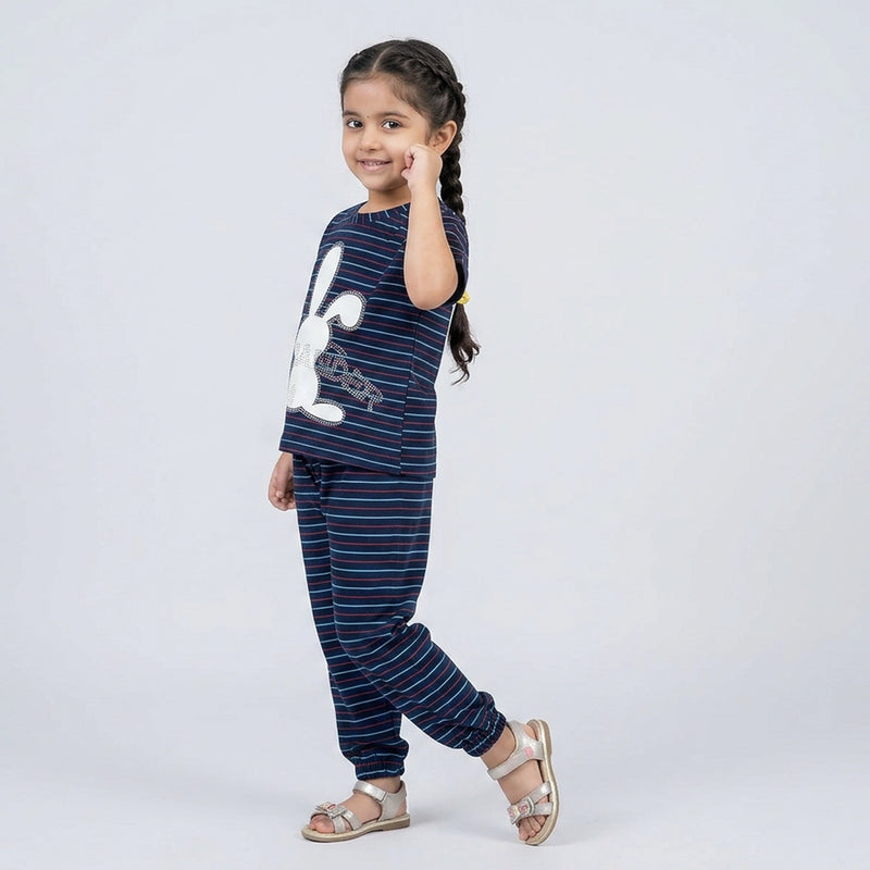 Girls Striped Co-Ord Set – Cute Bunny Print Cotton Top & Jogger Pants for Kids