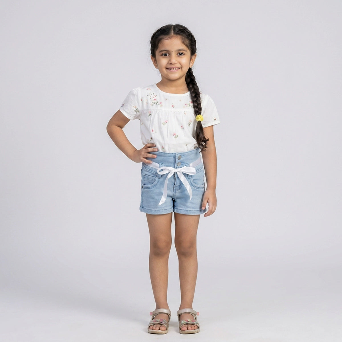 Girls Light Wash Denim Shorts with Satin Ribbon Tie Belt
