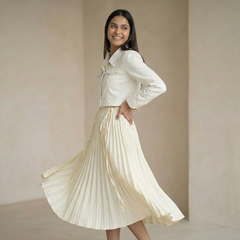 Women’s Pleated Maxi Dress with Crop Shirt Top – Elegant Long Sleeve Dress