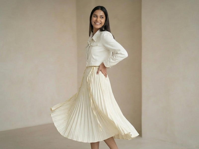 Women’s Pleated Maxi Dress with Crop Shirt Top – Elegant Long Sleeve Dress