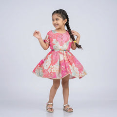 Girls Pink Floral Printed Fit & Flare Dress with Tassel Sleeves – Elegant Party Wear Dress for Kids