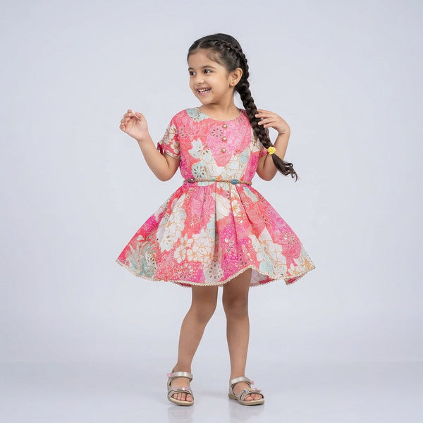 Girls Pink Floral Printed Fit & Flare Dress with Tassel Sleeves – Elegant Party Wear Dress for Kids