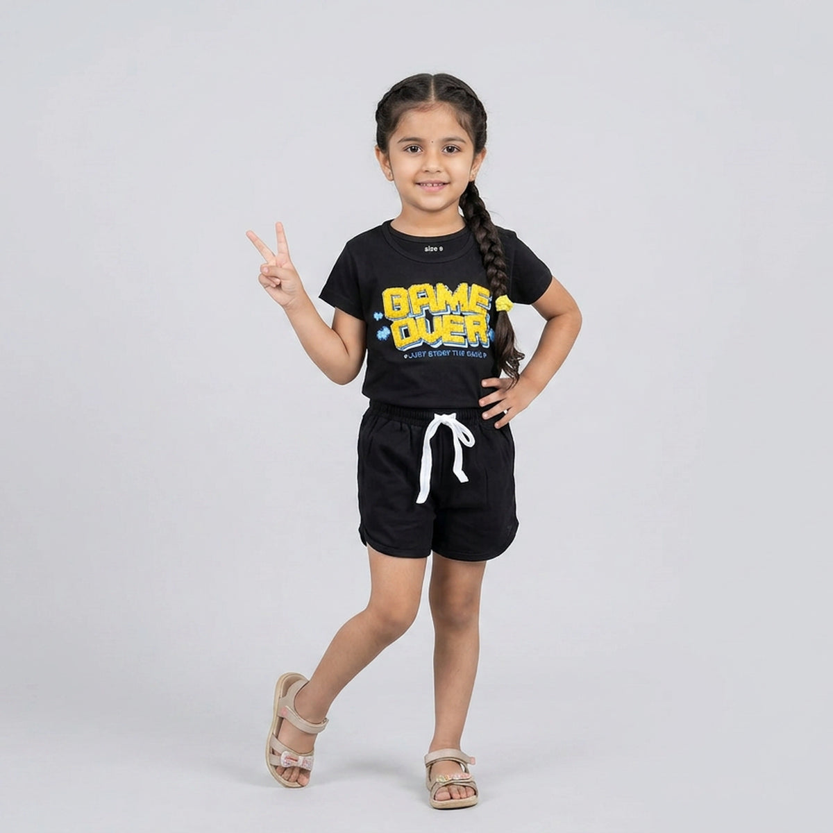 Kids Game Over Graphic Print T-Shirt with Drawstring Shorts Set
