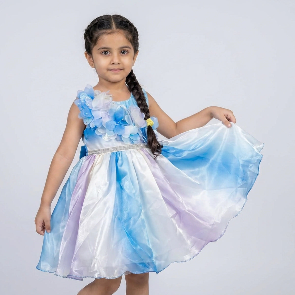 Girls Blue Ombre 3D Floral Applique Satin Party Dress with Beaded Belt