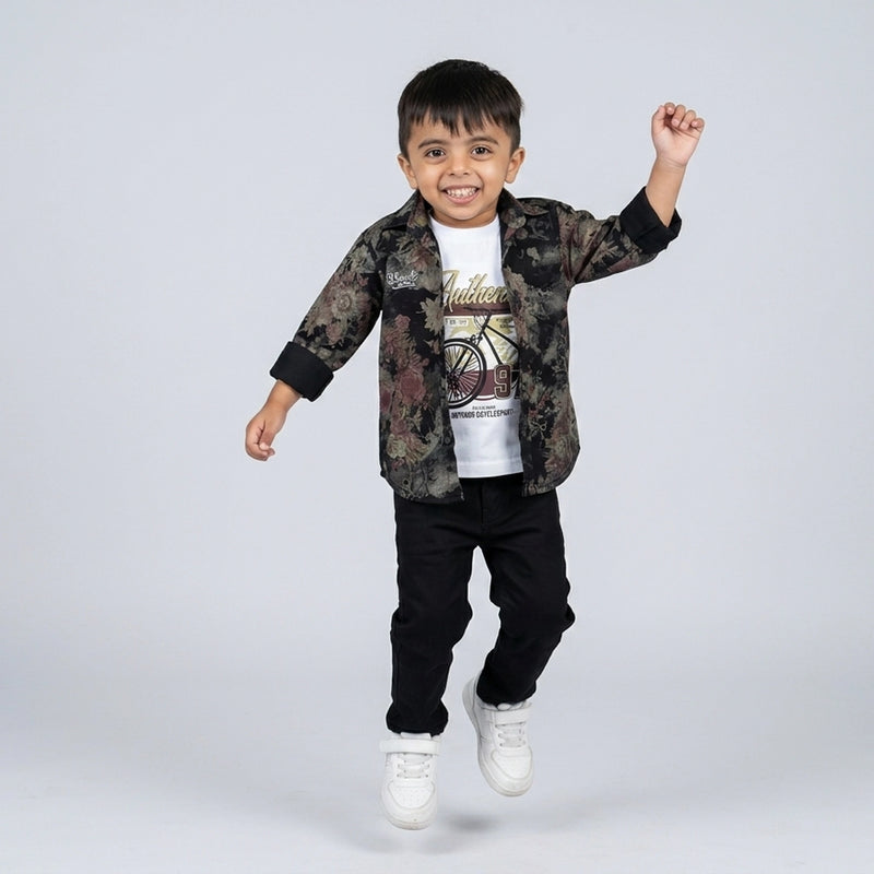 Boys Dark Printed Shirt with Graphic T-Shirt & Grey Jeans – Stylish Kids 3-Piece Casual Outfit Set KD-MV-B-SET-10060