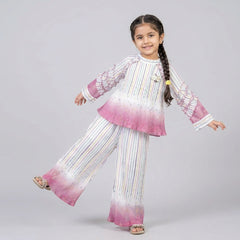 Girls Pink Ombre Striped Co-Ord Set – Ruffle Sleeve Top & Wide Leg Palazzo Pants for Party Wear