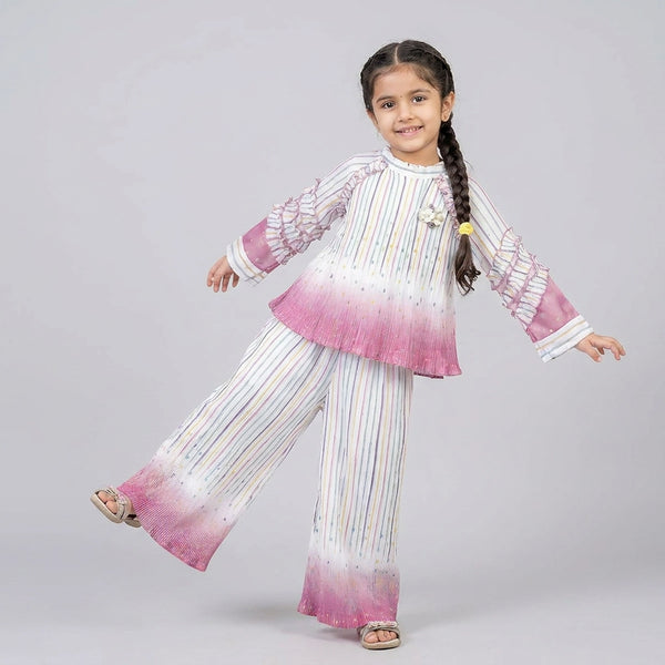 Girls Pink Ombre Striped Co-Ord Set – Ruffle Sleeve Top & Wide Leg Palazzo Pants for Party Wear