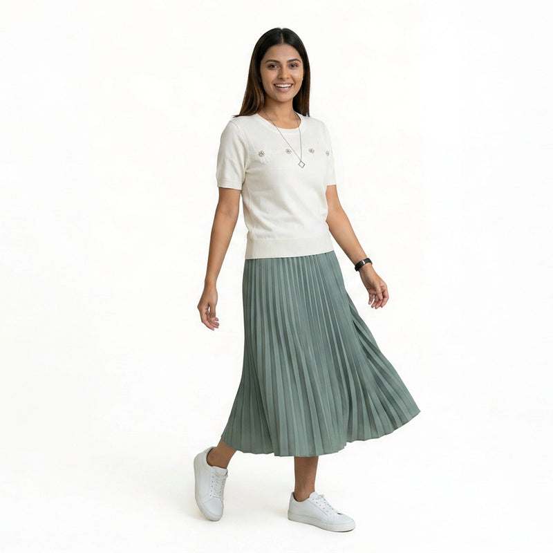 Women Knit Top – Casual Short Sleeve T-Shirt with Minimal Embroidery Detail