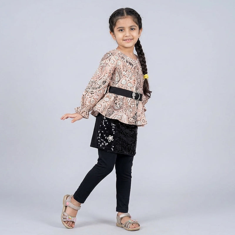 Girls Beige Paisley Print Peplum Top with Black Leggings Set – Stylish Casual & Party Wear Co-Ord Outfit for Kids