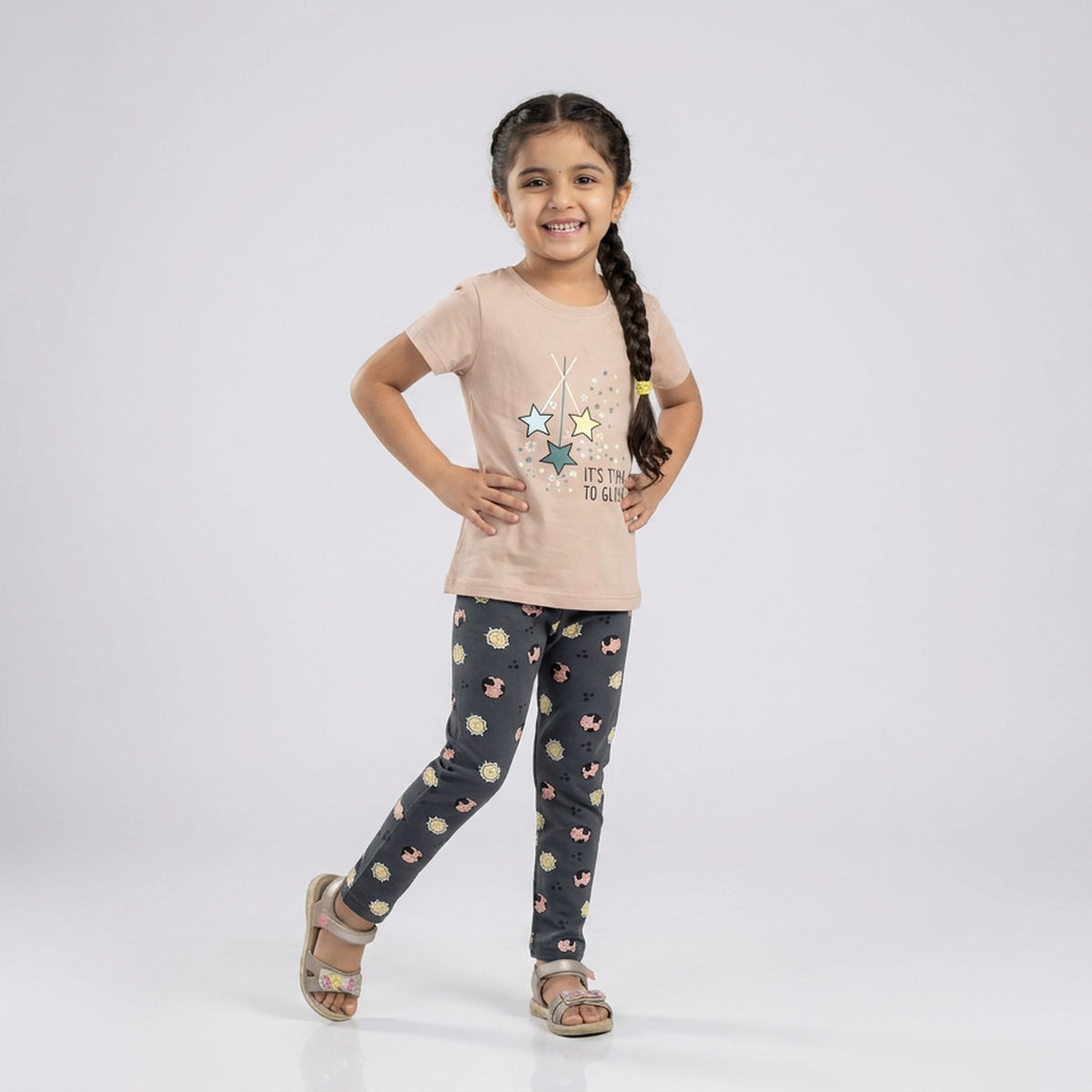 Girls Lavender Heart Print T-Shirt with Pink Printed Leggings Set