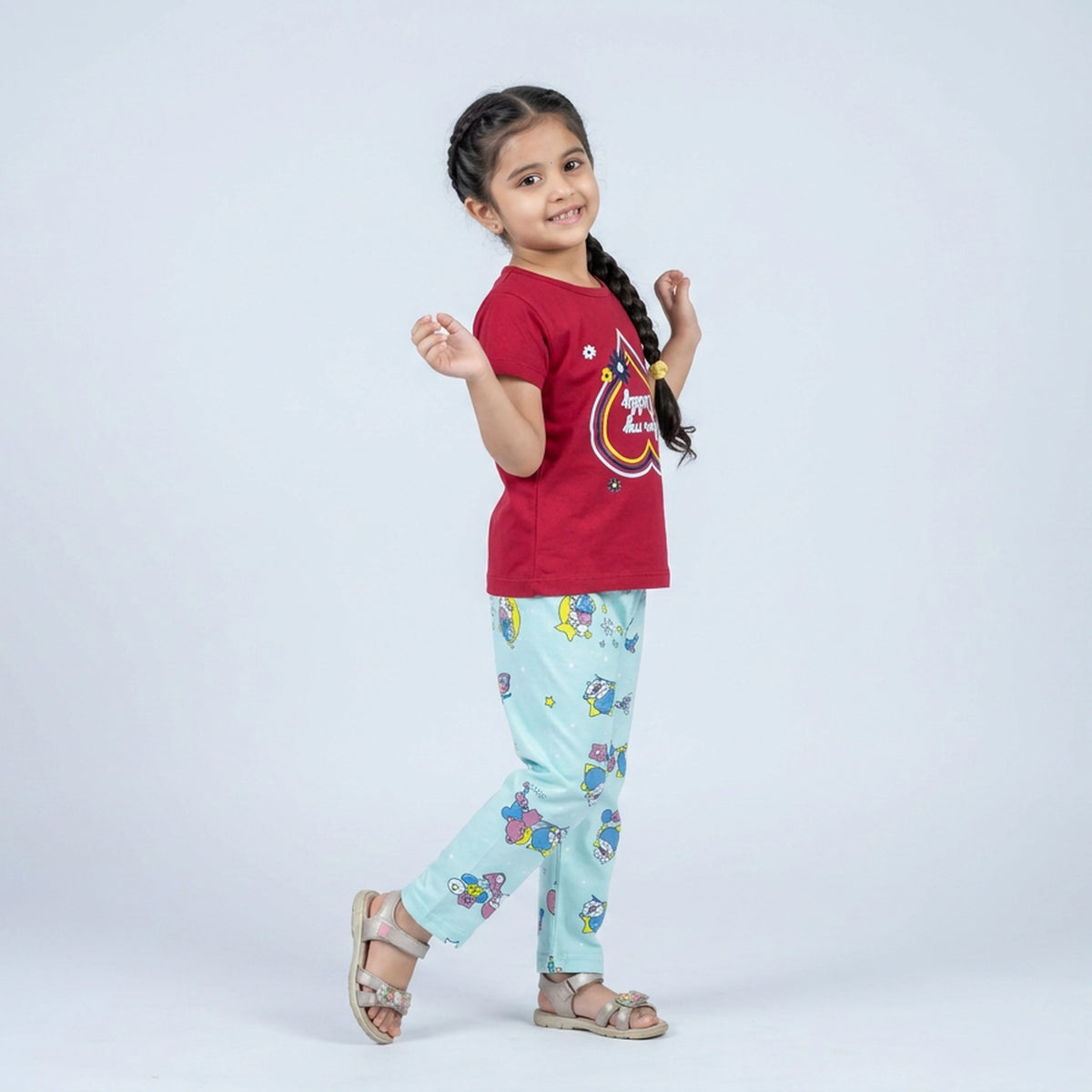 Girls Lavender Heart Print T-Shirt with Pink Printed Leggings Set