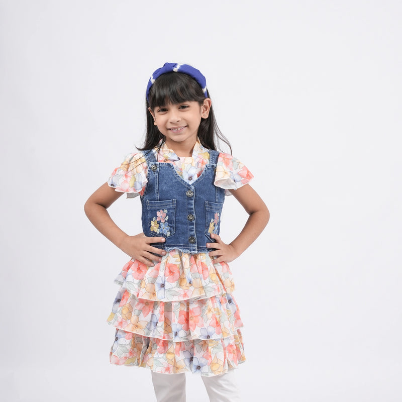 Girls - Denim Pinafore Dress With Floral Print Top and legging