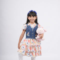 Girls - Denim Pinafore Dress With Floral Print Top and legging