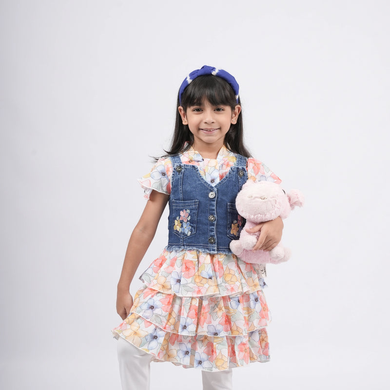Girls - Denim Pinafore Dress With Floral Print Top and legging