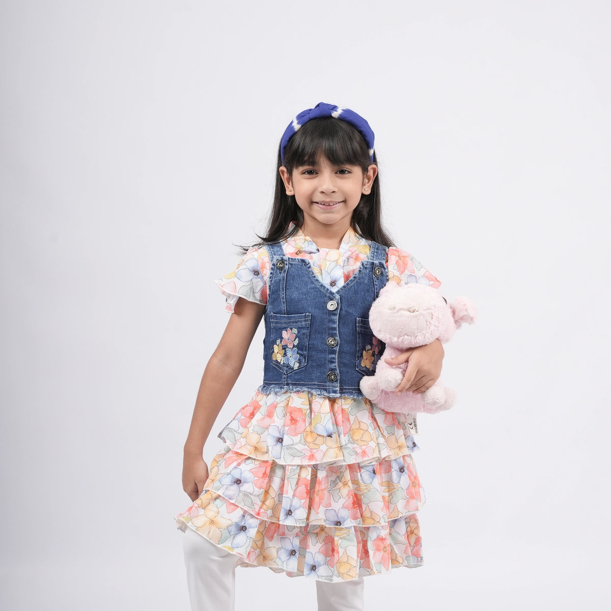 Girls - Denim Pinafore Dress With Floral Print Top and legging - image 3