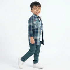 Boys Teal Checked Shirt with Graphic T-Shirt and Green Cargo Pants Set