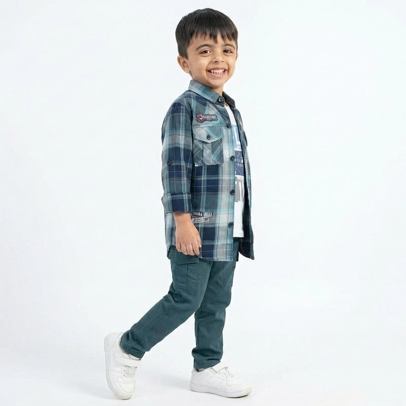 Boys Teal Checked Shirt with Graphic T-Shirt and Green Cargo Pants Set