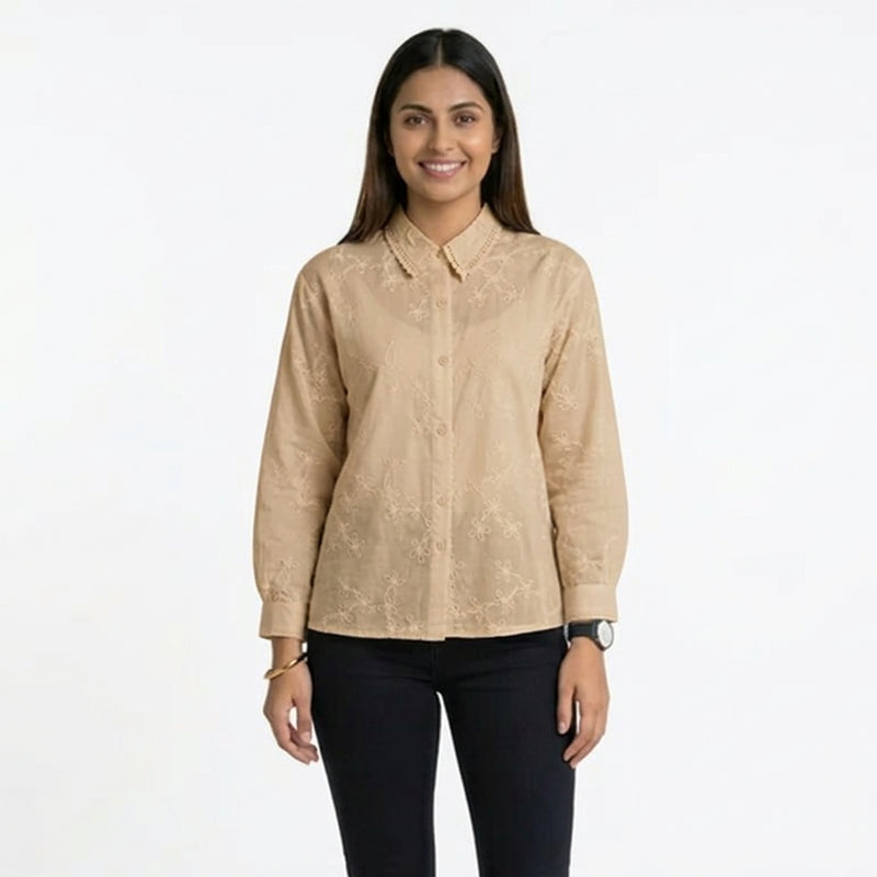 Blush Floral Embroidered Button-Down Shirt – Elegant Everyday Chic