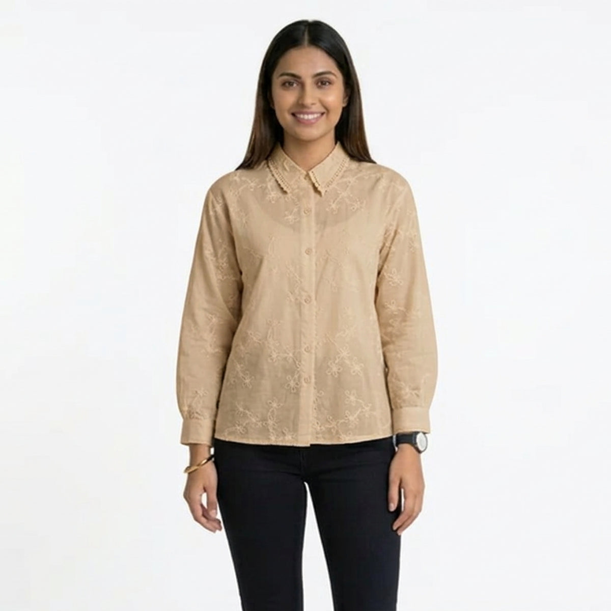 Blush Floral Embroidered Button-Down Shirt – Elegant Everyday Chic - image 10