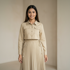 Women’s Pleated Maxi Dress with Crop Shirt Top – Elegant Long Sleeve Dress