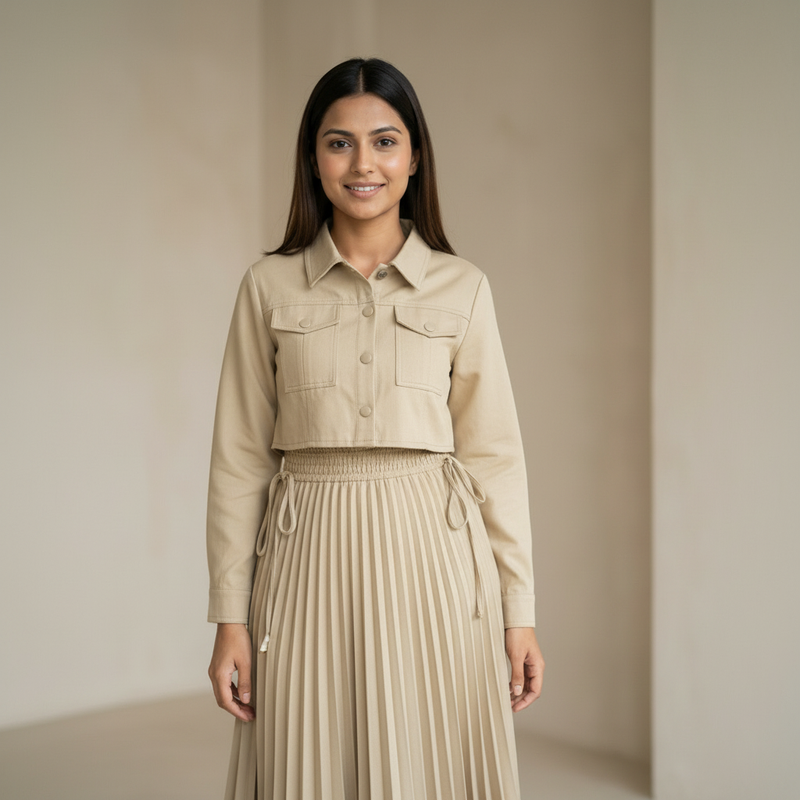 Women’s Pleated Maxi Dress with Crop Shirt Top – Elegant Long Sleeve Dress