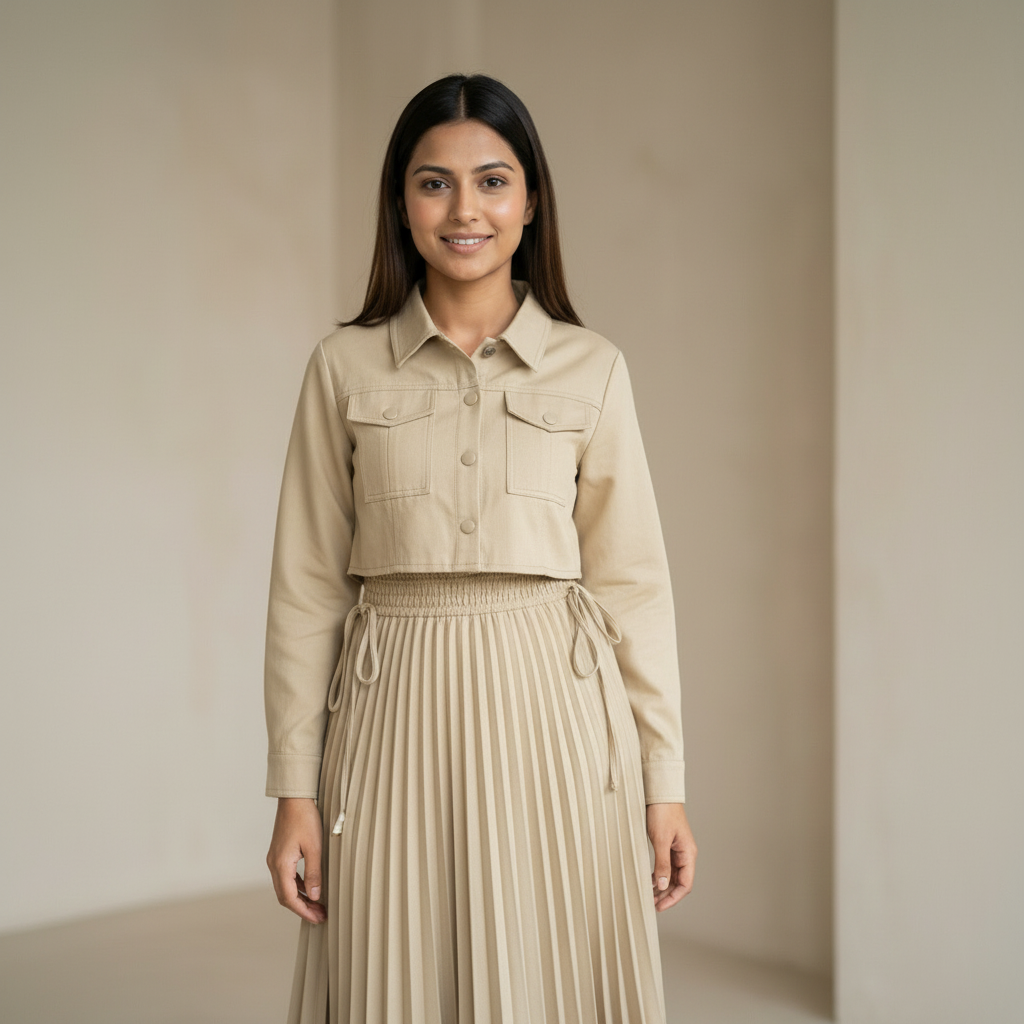 Women’s Pleated Maxi Dress with Crop Shirt Top – Elegant Long Sleeve Dress - image 15