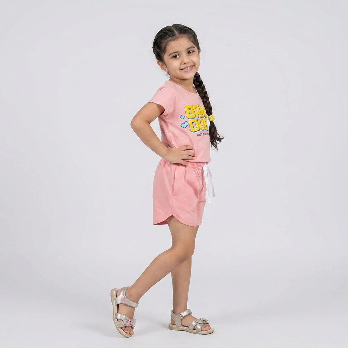 Kids Game Over Graphic Print T-Shirt with Drawstring Shorts Set