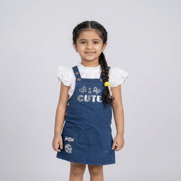 Girls Blue Pinafore Dress with White Ruffle Sleeve Top – Cute Casual Dungaree Style Outfit for Kids