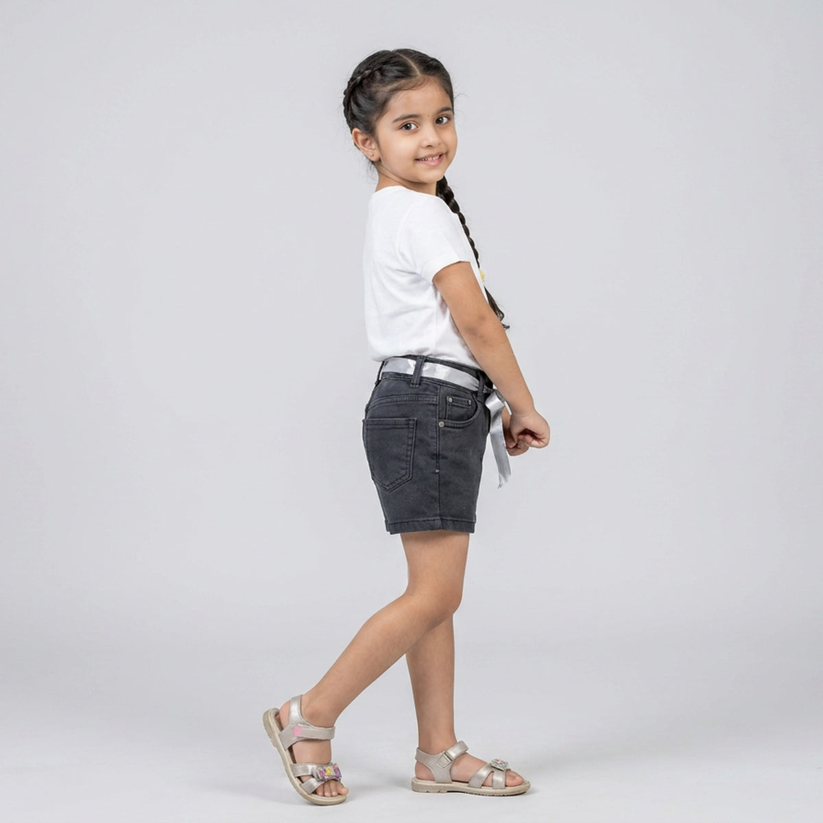 Girls Light Wash Denim Shorts with Satin Ribbon Tie Belt