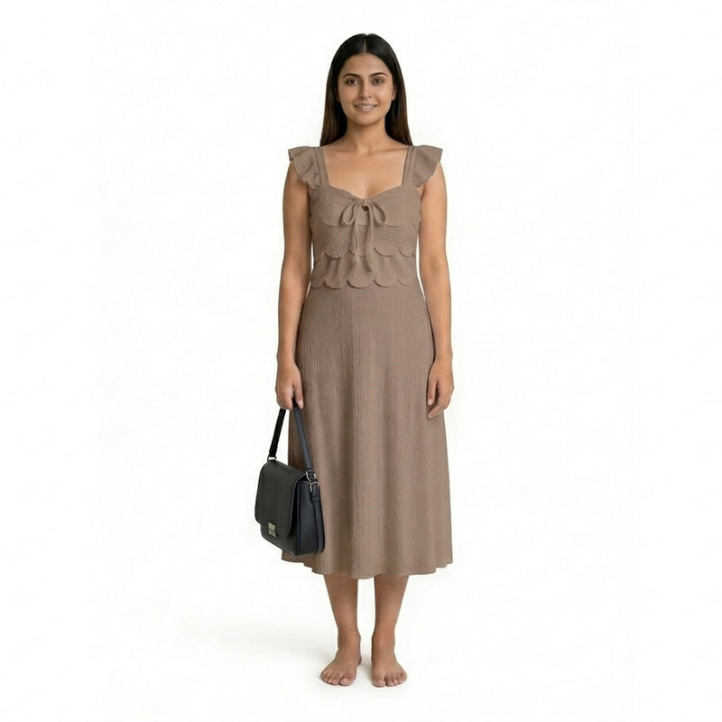 Ribbed Midi Dress with Ruffle Sleeves & Tie Front – Elegant A-Line Summer Dress for Women
