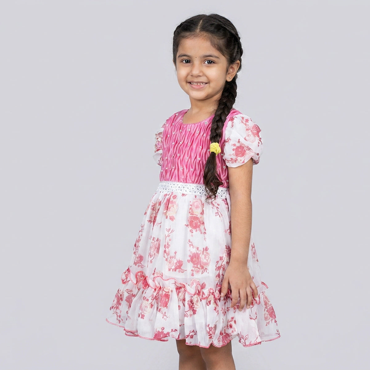 Girls Pink Smocked Bodice Floral Print Ruffle Dress with Lace Waist
