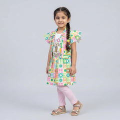 Girls Multicolor Printed Layered Tunic Top with Pink Leggings Set – Casual & Party Wear Outfit for Kids