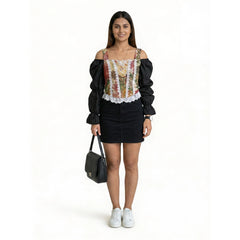 Women’s Black Wide-Leg Pants with Printed Corset Style Top – Elegant Party & Evening Outfit Set