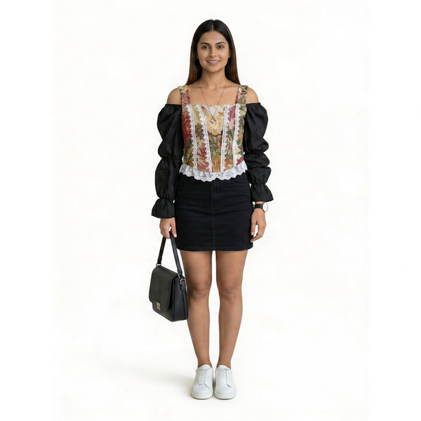 Women’s Black Wide-Leg Pants with Printed Corset Style Top – Elegant Party & Evening Outfit Set
