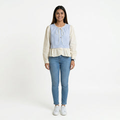 Polka Dot Button-Front Peplum Top with Contrast Sleeves