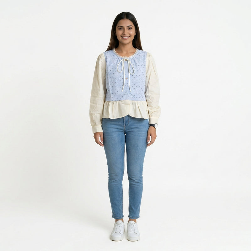 Polka Dot Button-Front Peplum Top with Contrast Sleeves
