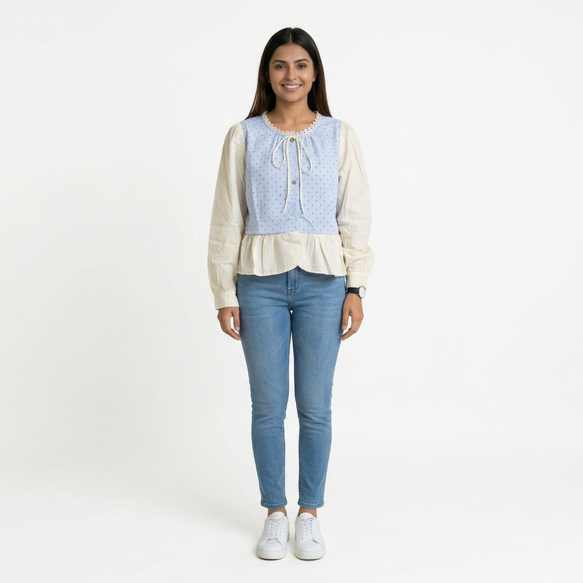 Polka Dot Button-Front Peplum Top with Contrast Sleeves - image 10