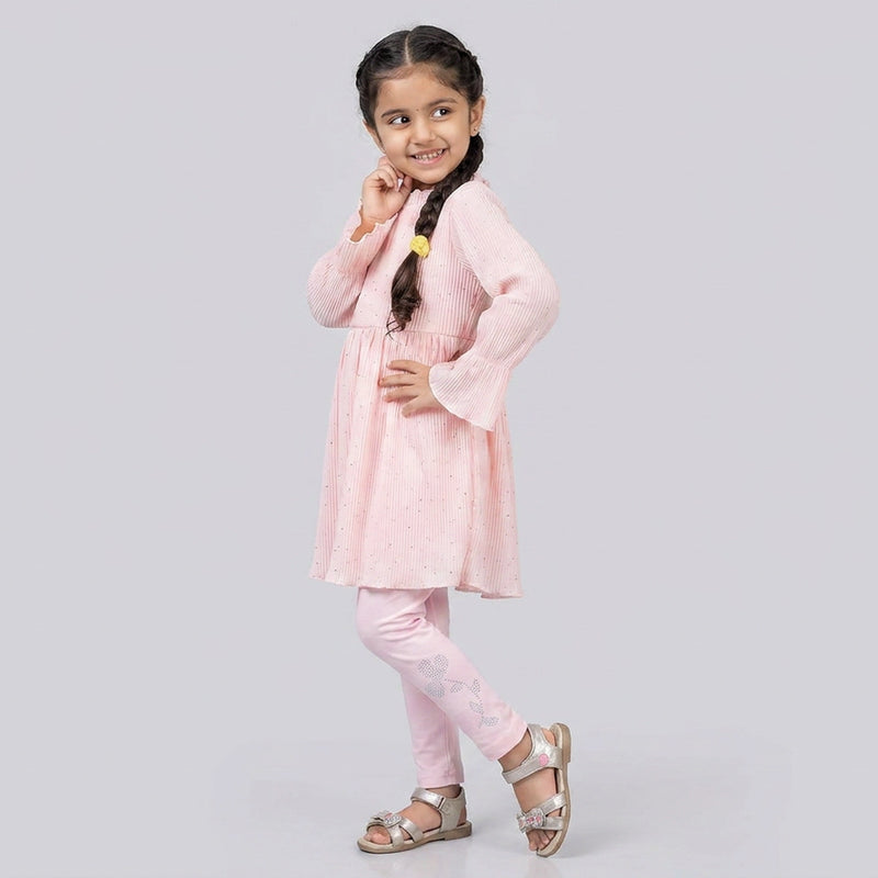 Girls Blush Pink A-Line Kurti with Leggings Set – Elegant Long Sleeve Casual & Festive Wear Outfit for Kids