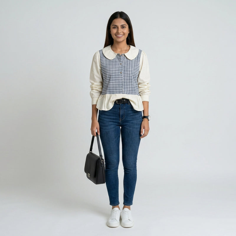 Women’s Gingham Peplum Top with Peter Pan Collar – Casual Chic Outfit Set
