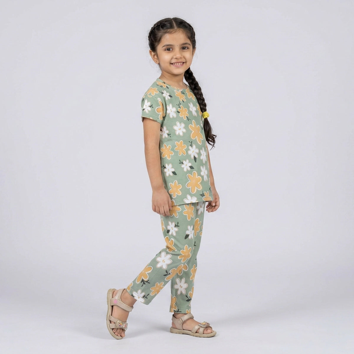 Girls Sage Green Floral Print Cotton T-Shirt & Leggings Set