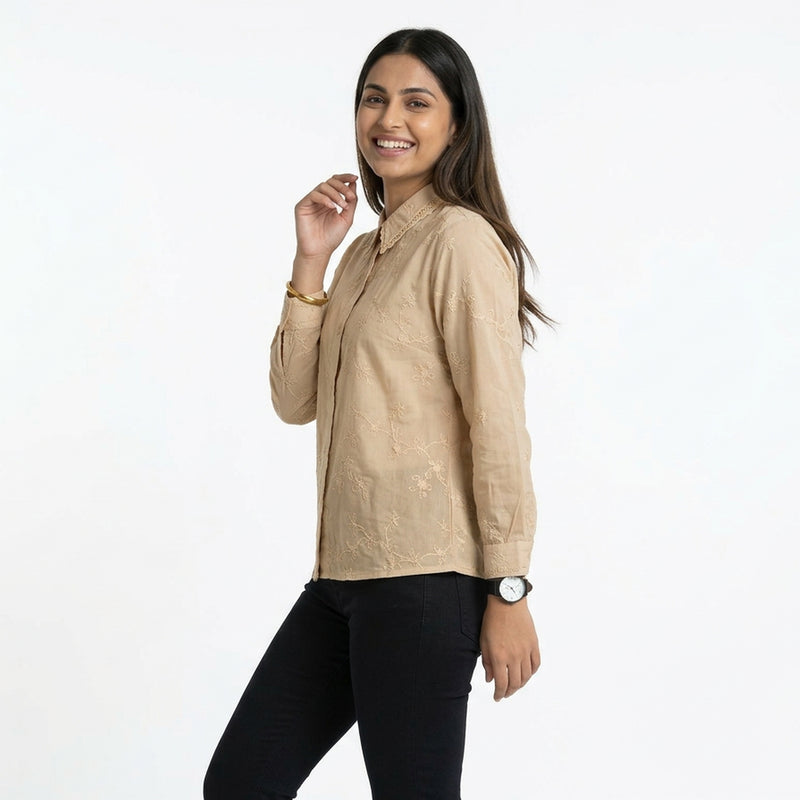 Blush Floral Embroidered Button-Down Shirt – Elegant Everyday Chic