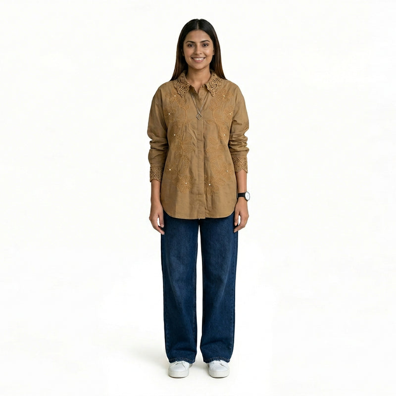 Women’s Embroidered Cotton Shirt – Floral Detail Button-Down Top | Pink, White,Beige,Black & Maroon Smart Casual Shirt
