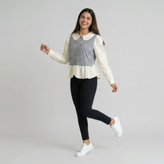 Women’s Gingham Peplum Top with Peter Pan Collar – Casual Chic Outfit Set