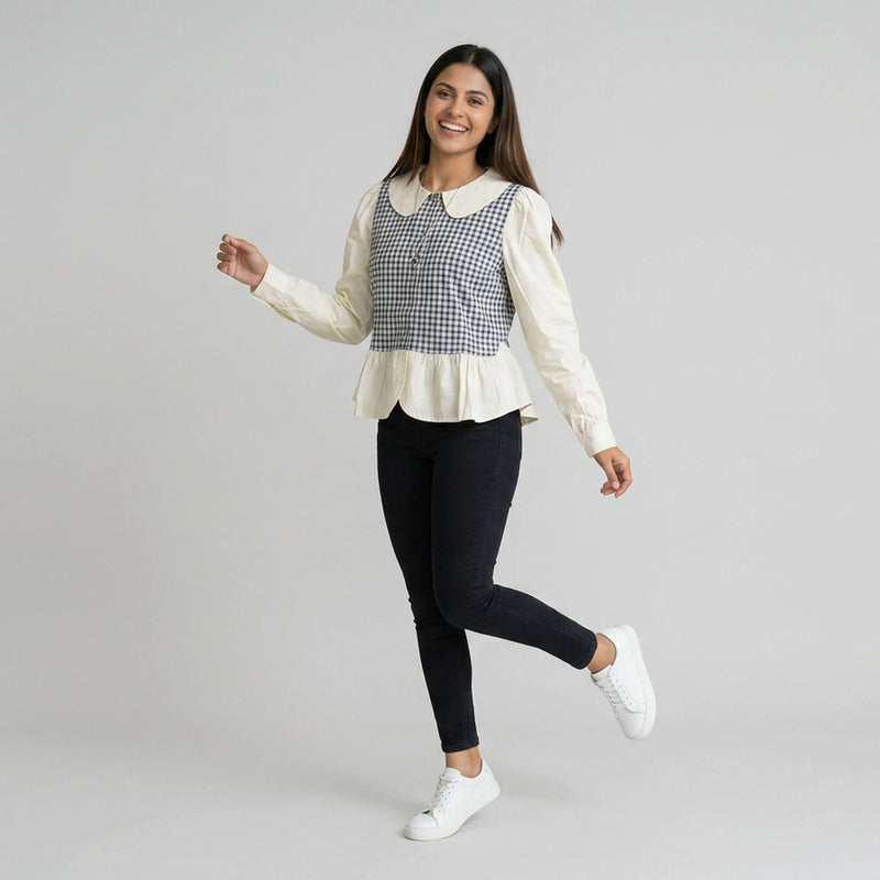 Women’s Gingham Peplum Top with Peter Pan Collar – Casual Chic Outfit Set