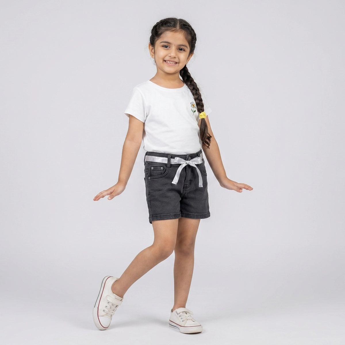 Girls Light Wash Denim Shorts with Satin Ribbon Tie Belt