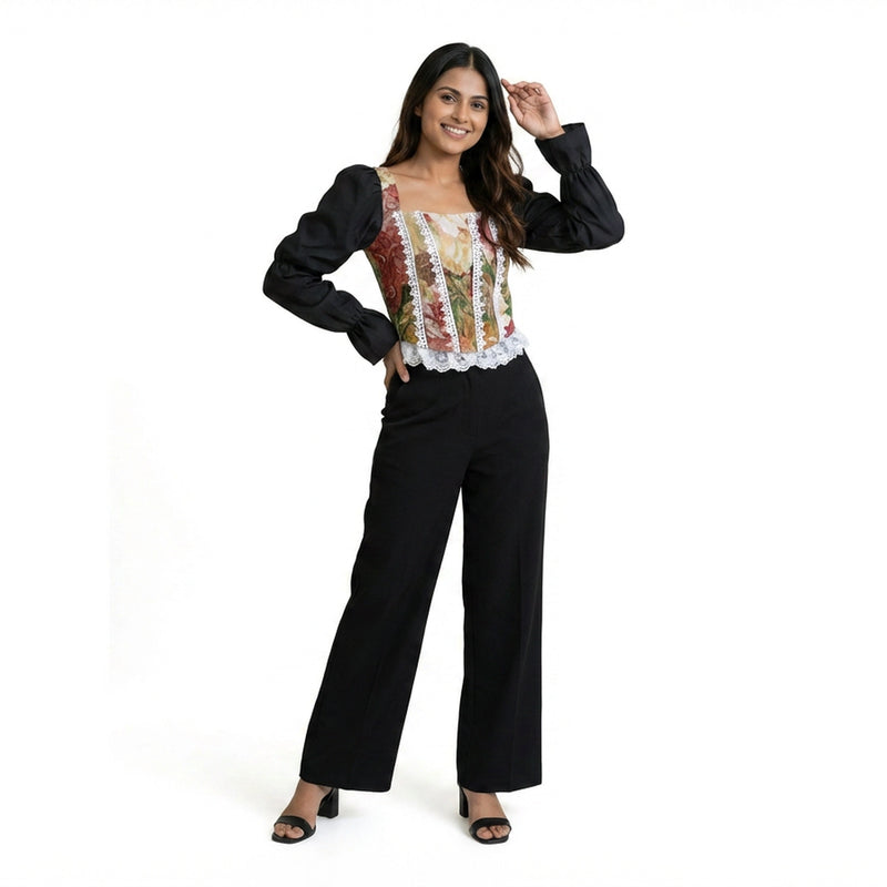 Women’s Black Wide-Leg Pants with Printed Corset Style Top – Elegant Party & Evening Outfit Set