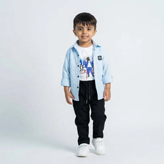 Boys Light Blue Shirt with Graphic T-Shirt & Black Jogger Pants – Trendy Kids 3-Piece Casual Outfit