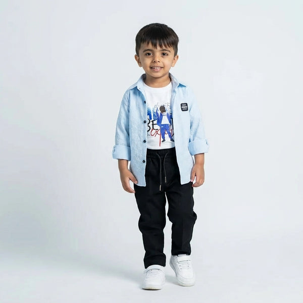 Boys Light Blue Shirt with Graphic T-Shirt & Black Jogger Pants – Trendy Kids 3-Piece Casual Outfit