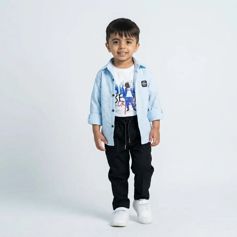 Boys Light Blue Shirt with Graphic T-Shirt & Black Jogger Pants – Trendy Kids 3-Piece Casual Outfit